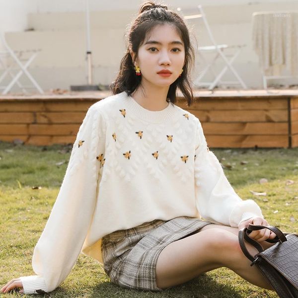 

women's sweaters ichoix autumn and winter women three-dimensional handmade flower pullover sweater lantern sleeve retro soft, White;black