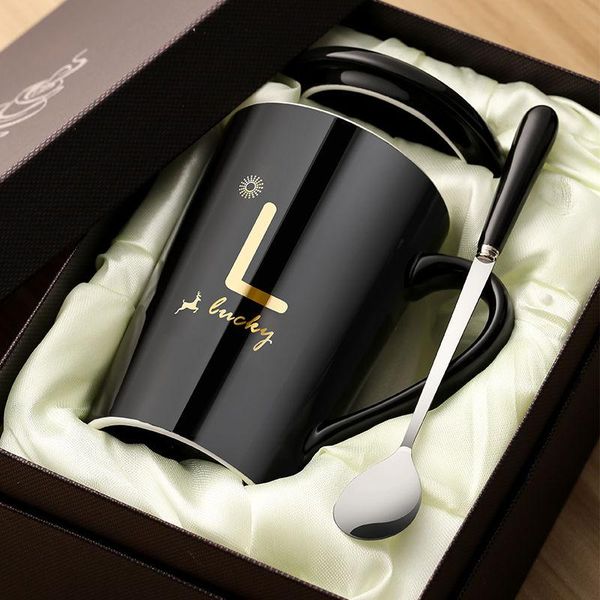 

mugs cup nice gift ceramic creative glass with spoon lid black and gold porcelain wedding birthday