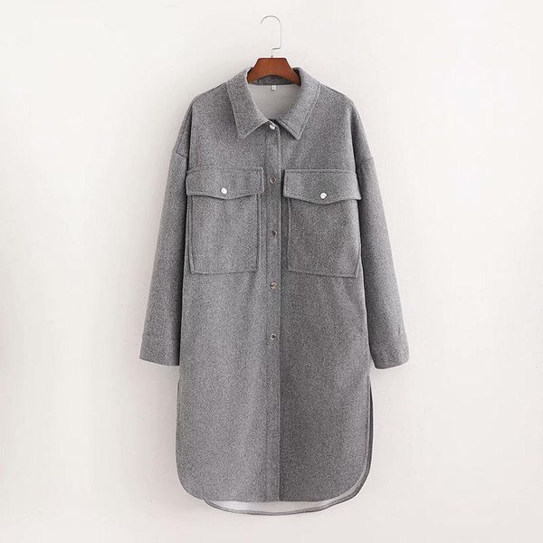

women's wool & blends 2021 early spring street fashion loose casual long woolen shirt jacket for big pocket gray all match, Black