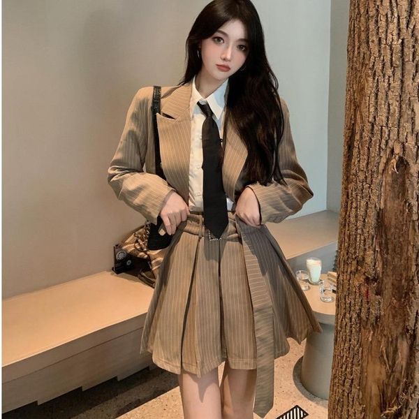 

clothing sets beige striped plaid long sleeve jk set long-sleeved suit + pleated group university cosplay spring autumn outside costome, White