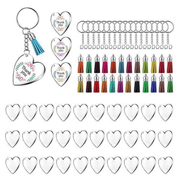 

kimter acrylic keychain blanks colorful tassel heart shape pendant keychains car key holder with chain jump rings for diy making q395fz, Silver