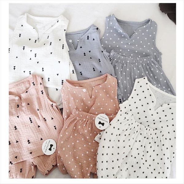 

summer baby boys girls home wear 2pcs gaze cotton soft children shirt shorts printed star girl lounge pajamas set, White