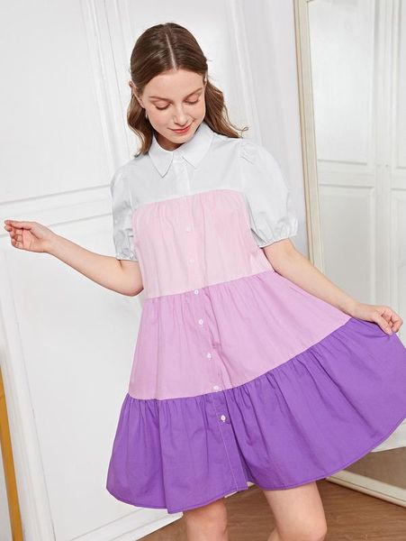 

teen girls puff sleeve ruffle hem colorblock shirt dress she, Red;yellow