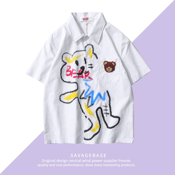 

guochao graffiti bear shirt pattern printing new summer short sleeve shirt for men and women, White;black