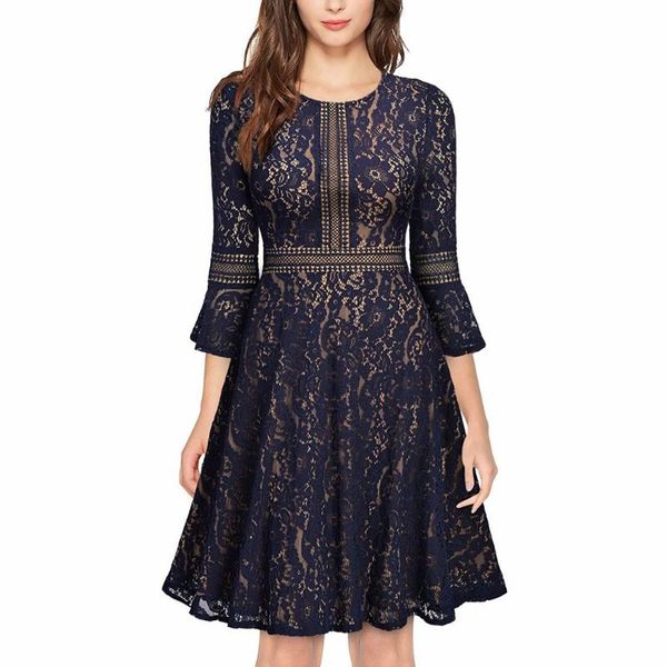 

casual dresses women's vintage full lace contrast flare sleeve big swing a-line dress evening party vestido de festa, Black;gray