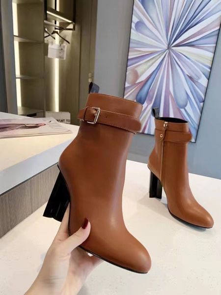 Классика модные изысканные женские сапоги высокие каблуки натуральные кожаные ремень пряжки роскоши дизайнерские лодыжки ботинки ковбойские пинетки