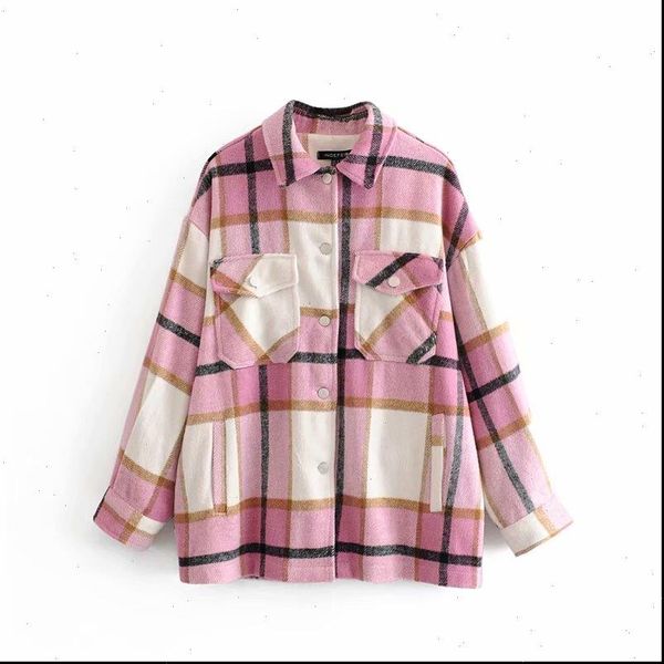 

womens blouses stylish sweet pink plaid woolen blouse cute girls fashion autumn chic pockets thick warm turn down collar shirts, White