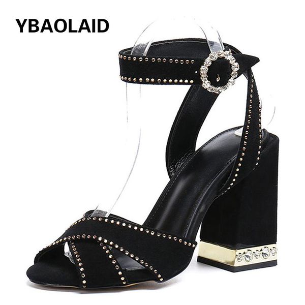 

dress shoes summer rhinestone genuine leather thick heel open toe black high sandals 2021 crystal buckle temperament roman