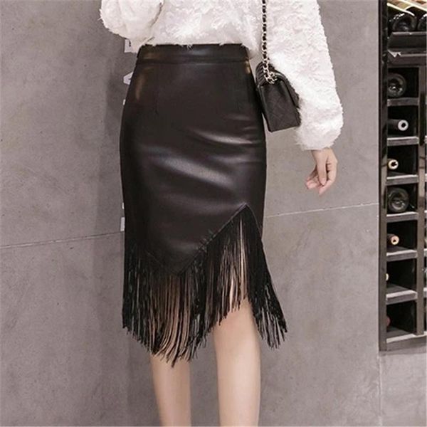 

faux latex leather skirt women skinny high waist black zipper bodycon female pu large size tassel skirts party clubwear