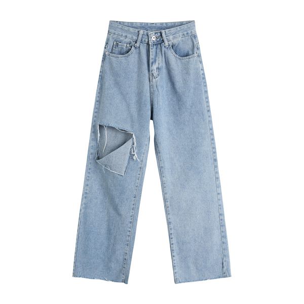 

women blue solid jeans pocket empire casual straight hole denim pants hollow out p0018 210514