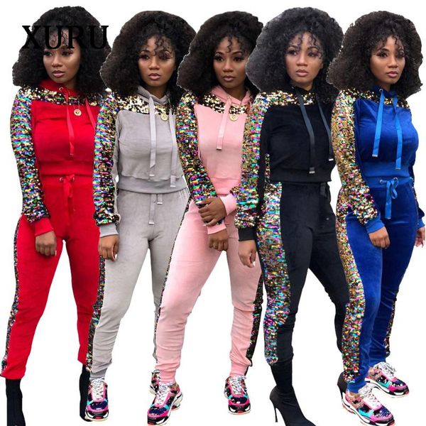 

women's jumpsuits & rompers xuru 2021 spring sequins jumpsuit 2 sets of long-sleeved velvet casual sports suit, Black;white