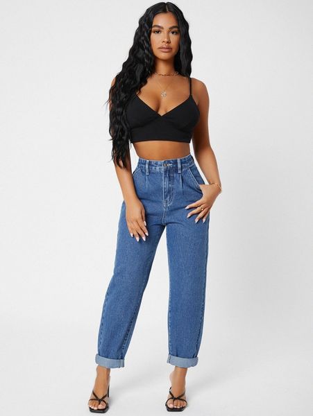 

petite high waist solid mom jeans t95c#, Blue