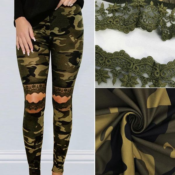 

women's fashion camouflage printed high-waist elastic cut-out lace casual pants & capris, Black;white