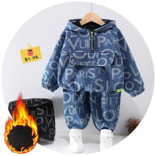 

clothing sets winter clothes for baby boy letter print denim velvet thick coat+pants two piece 2021 kids 1-5 years old, White