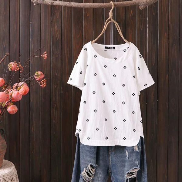 

plus size t-shirt o-neck short sleeve embroidery cotton women t shirt 2021 casual loose summer ladies tshirts female t-shirts, Black
