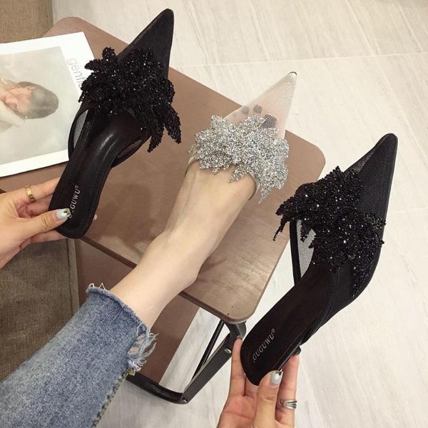 

temperament fairy style fashion wear fine heel pointed sequins muller half slippers women, Black