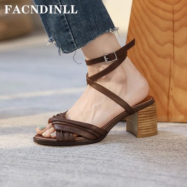 

sandals women 2021 brand genuine leather thick high heel retro shoes woman dress party office ladies gladiator 34-40, Black