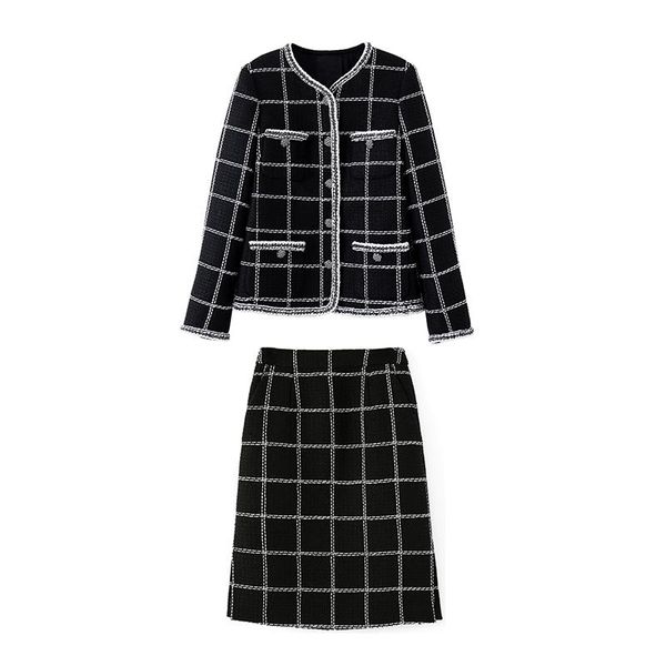 

women knitted wear 2 pieces set french classic plaid jacket midi skirt 2021 winter vintage ladies suit women's tracksuits, Gray