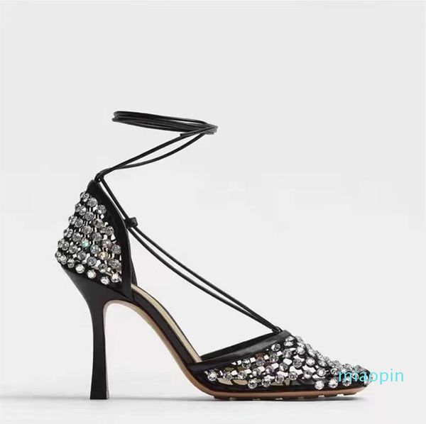 

black net lace up high heels women sandals sheep leather square toe designer party shoes chic ankle strap summer sandal
