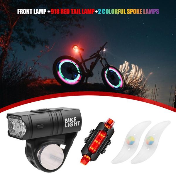 

bike lights usb rechargeable light rainproof 2xt6 modes led bicycle set charging front+rear+spoke lamp warning flashligh