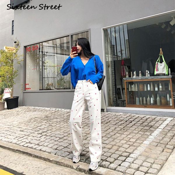 

woman pants with high waist korean temperament cute fashion love embroidery all match straight casual denim trousers women's jeans, Blue
