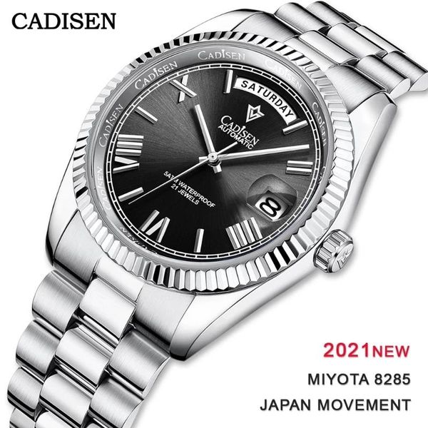 

wristwatches day-date cadisen automatic watch men swimming luxury 40mm stainless steel case japan miyota 8285 movement watches, Slivery;brown