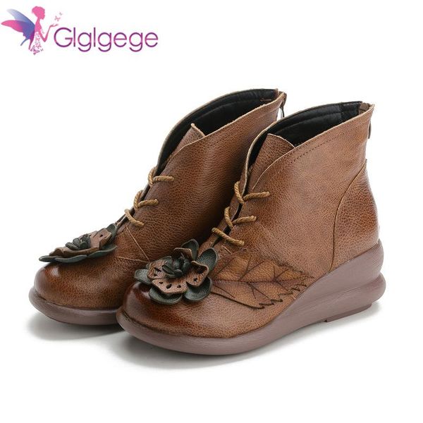 

boots glglgege 2021 winter wedges fashion women's platform ankle lace up shoes for women cow leather, Black