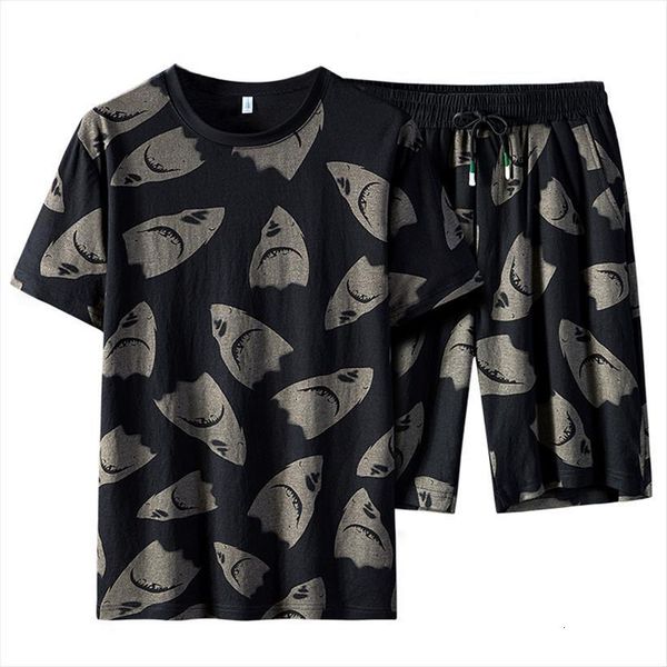 

plus size 5xl 6xl mens tracksuits summer black print sets 2 piece ice silk t shirts shorts sportswear men casual, Gray