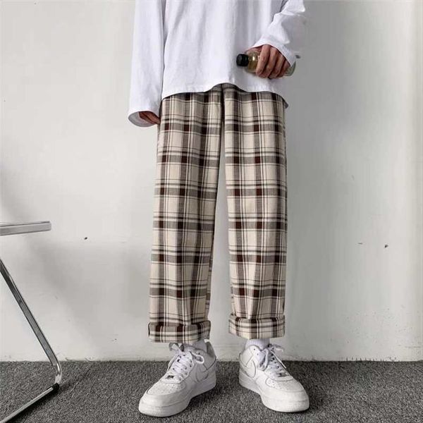 

spring plaid men sports retro women pants loose casual korean version of trend wild fashion wide leg, Black;white