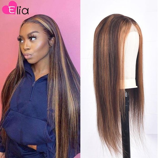 

elia highlight 4 30 lace front wig straight human hair wigs brazilian 100% pre plucked transparent for black women, Black;brown