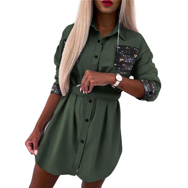 

casual dresses fashion women long sleeve shirt dress fall summer lace sequined patchwork buttons up slim female mini vestidos, Black;gray