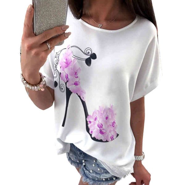 

fashion woman t-shirt summer flower high heel print tee short sleeve o-neck t-shirt printing, White