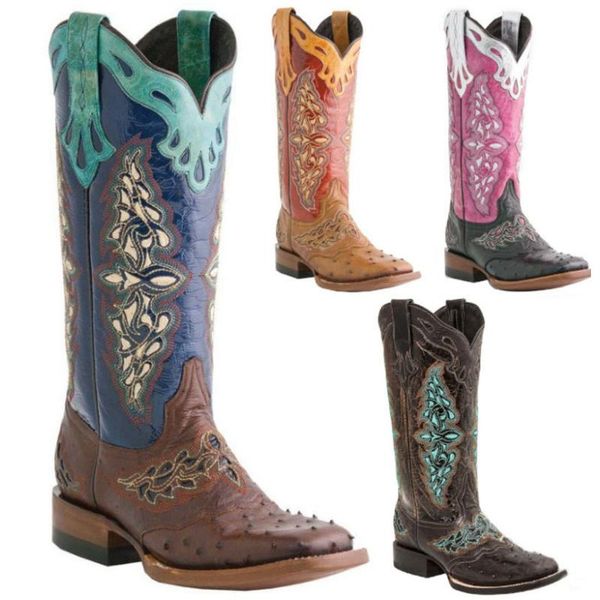 

big size 43 vintage square heels autumn winter shoes woman western cowboy boots female, Black
