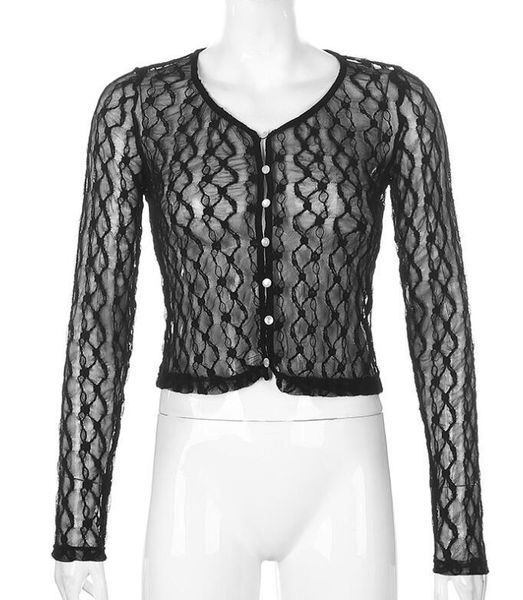 

women's t-shirt autumn lace perspective button cardigan long-sleeved, White