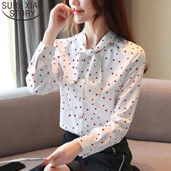 

autumn chiffon blouses long sleeve bow printed shirt casual women clothing button 5961 50 210415, White