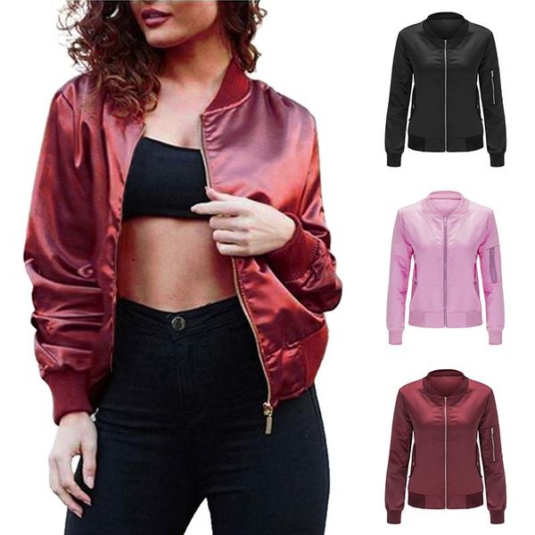 

women's jackets cropped bomber jacket women sports coat solid zippers pockets black pink punk style streetwear stylish autumn winter 20, Black;brown