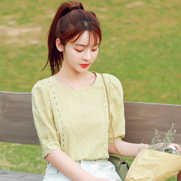 

women's blouses & shirts coigarsam chiffon blouse women summer lace loose puff sleeve blusas womens and green 9291, White