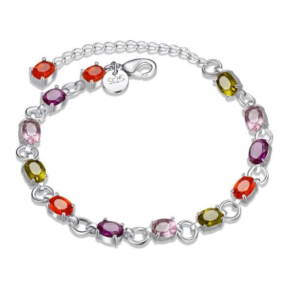 

link, chain 925 sterling silver men's women bracelet full egg multicolou crystal stone beads for fashion trendy jewelry, Black