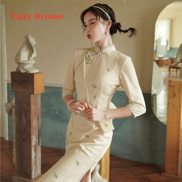 

autumn and winter embroidered composite lace mid-length cheongsam chinese traditional qipao lady clothes low split dress ethnic clothing, Red