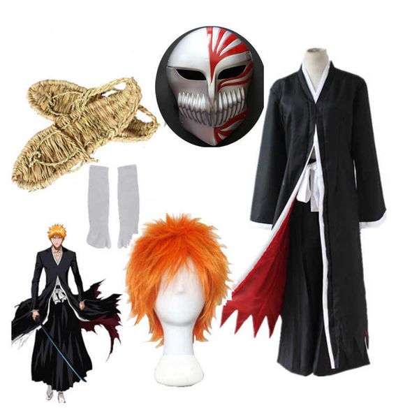 Costumes Cosplay de Anime Cosplay Ichigo Kurosaki Máscara oca Homens Ichigo Peruca Preto Manto com Sandálias de Palha Meias Tops e Calças Set Y0903