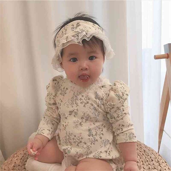 Meninas Bebés Cute Floral Laço Relógios de Manga Longa Jumpsuits com faixa de cabelo bonito outono princesa princesa macacão 210708