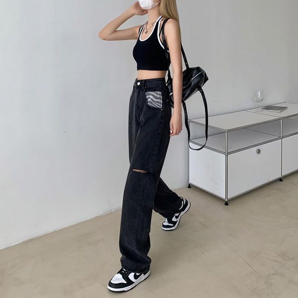 

women's jeans summer hole mop trousers straight 2021 high waist with thin wide-legged, Blue