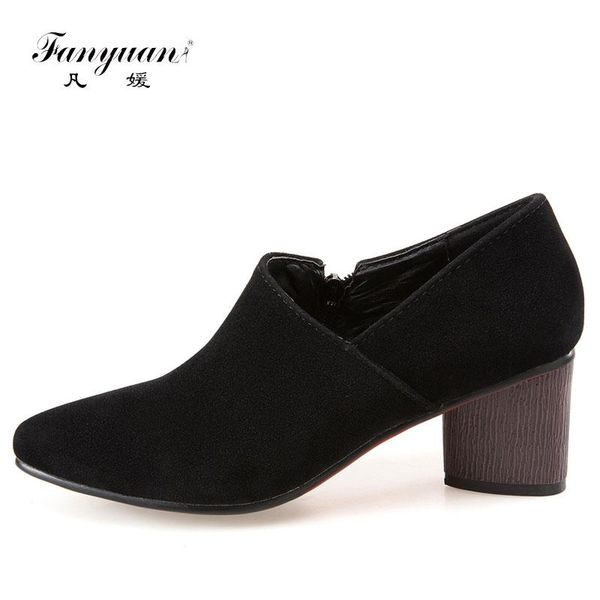 

fanyuan elegant black shoes women pointed toe pu leather pumps ladies thick high heels female footwear side zipper dress
