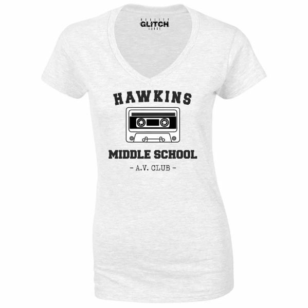

Hawkins Middle School AV Club Womens V-Neck T-Shirt Upside Down, White;black