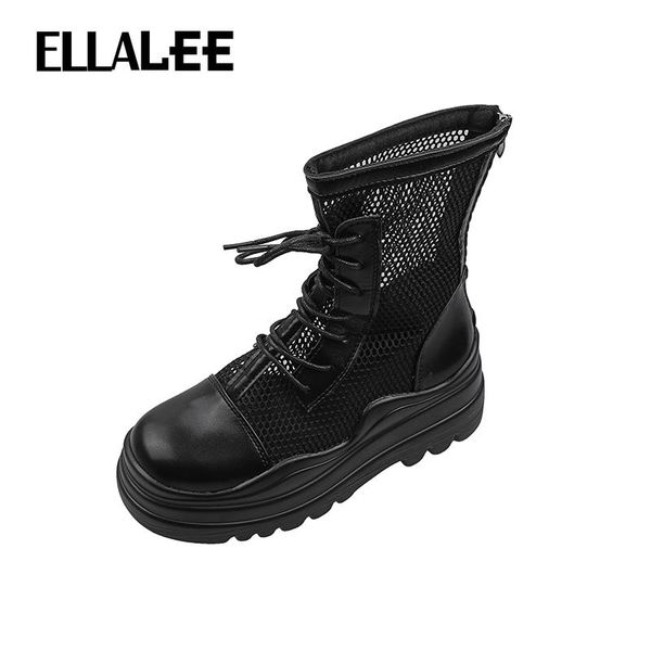 

summer boots women 2021 mesh punk style round toe female shoes breathable cool wedges lace up mixed colors boot, Black