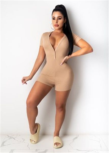 

womens solid colors pit skinny rompers fashion trend short sleeve v-neck slim shorts designer summer female buckle casual high waist jumpsu, Black;white