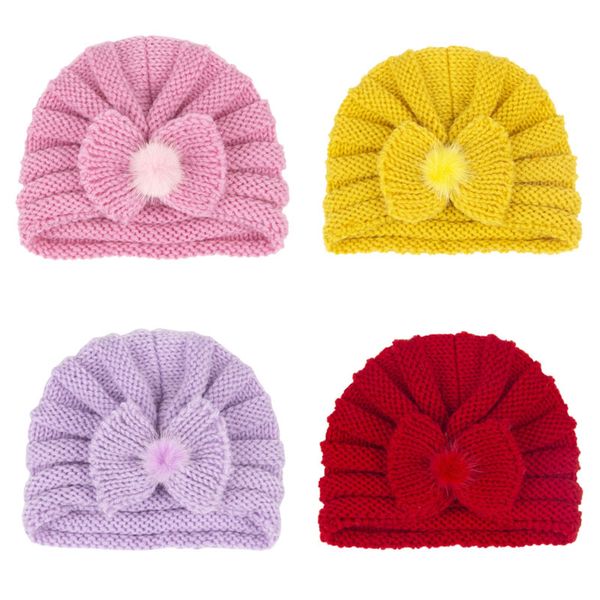 

baby girl solid color bowknot knit hats headwear kids children winter autumn caps hair care fashion accessories, Yellow