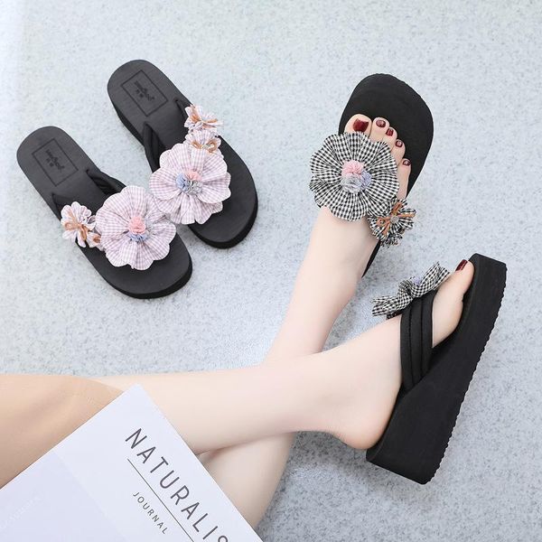 

slippers fashion bow/flowers women casual beach flip flops summer shoes 6cm wedge slides high heels platform sandals 4818, Black