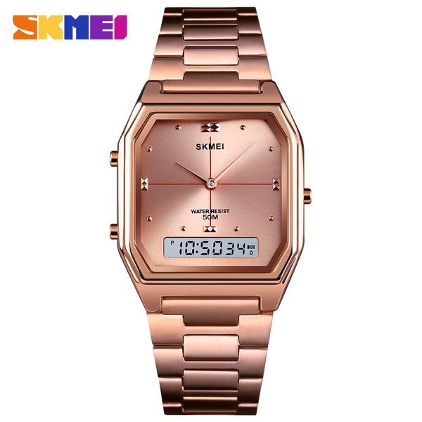 

wristwatches skemi fashion digital business watch 50m waterproof chronograph dual display electronic stainless steel ladies clock 1612, Slivery;brown