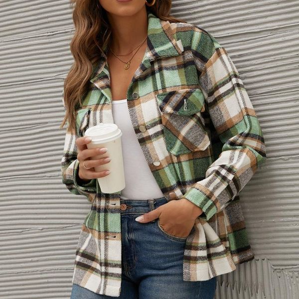 

women's jackets winter fleece jacket women plaid coat fall warm checkered outerwear female long sleeve shirt fashion 2021, Black;brown
